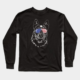 Australian Cattle Dog Blue Heeler American Flag Sunglasses Long Sleeve T-Shirt